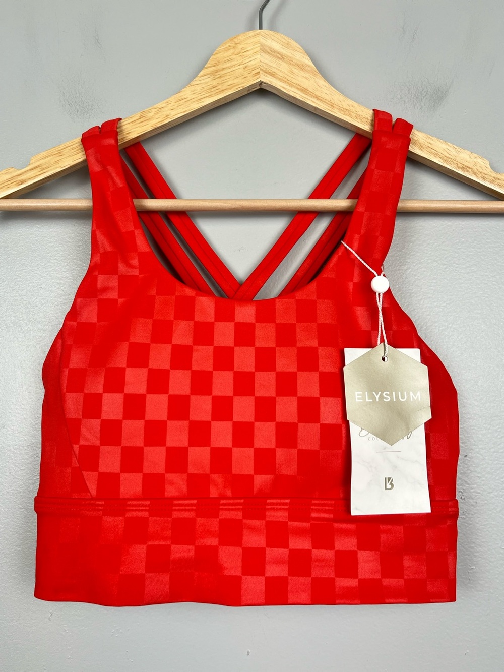 NWT BuffBunny Collection red on red checkerboard cropped sports bra top, XS.